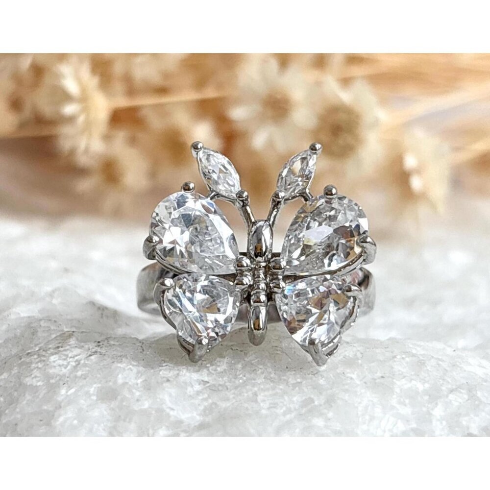 Butterfly Figural CZ Gemstone Cocktail 925 Sterling Silver Vintage Ring - sz 7